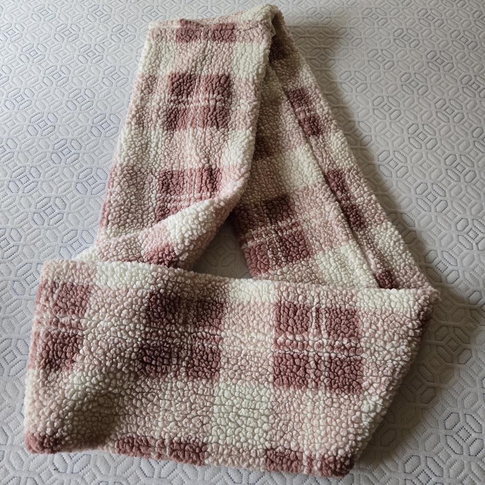 Plaid Sherpa Infinity Scarf in Pink and Cream
